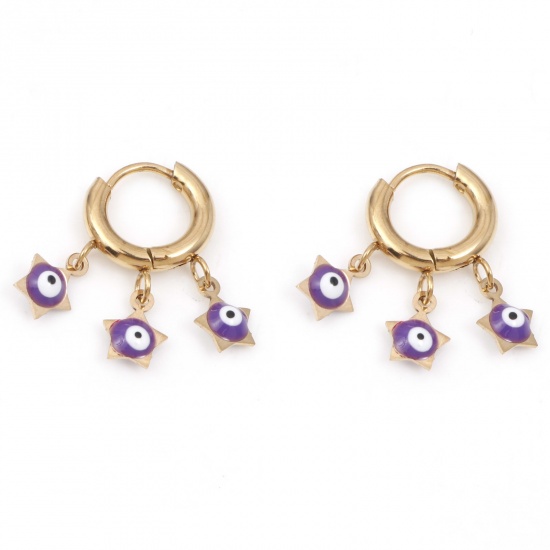 Immagine di 304 Acciaio Inossidabile Religione orecchino cerchio Oro Placcato Bianco & Viola Stella a Cinque Punte Malocchio Smalto 23mm x 19mm, Posta / Filo Dimensione: (18 misura), 1 Paio