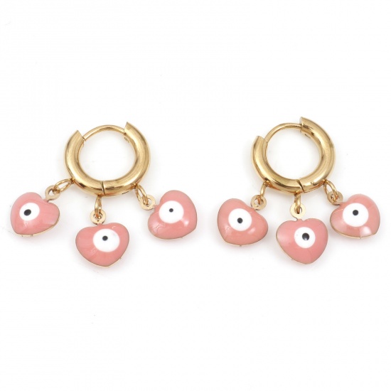 Immagine di 304 Acciaio Inossidabile Religione orecchino cerchio Oro Placcato Bianco & Rosa Cuore Malocchio Smalto 23mm x 21mm, Posta / Filo Dimensione: (18 misura), 1 Paio