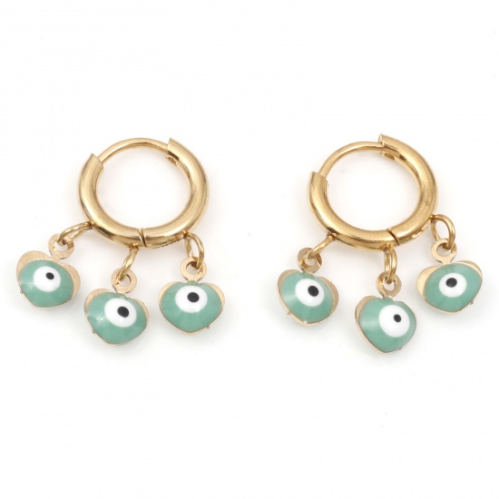 Immagine di 304 Acciaio Inossidabile Religione orecchino cerchio Oro Placcato Bianco & Verde Cuore Malocchio Smalto 21mm x 17mm, Posta / Filo Dimensione: (18 misura), 1 Paio