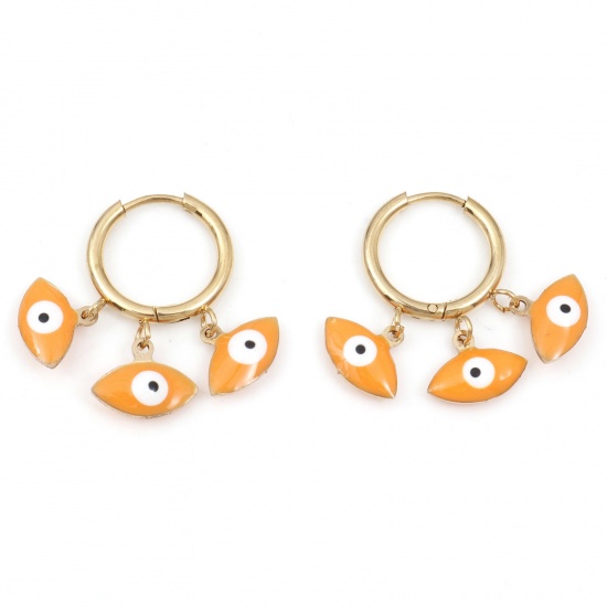 Immagine di 304 Acciaio Inossidabile Religione orecchino cerchio Oro Placcato Bianco & Arancione Olive Malocchio Smalto 26mm x 25mm, Posta / Filo Dimensione: (18 misura), 1 Paio