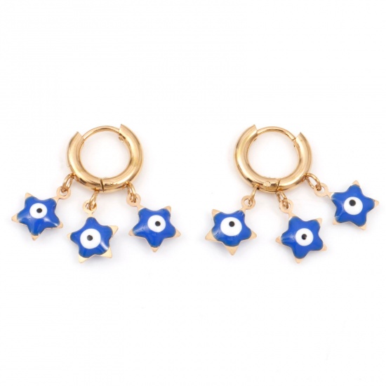 Immagine di 304 Acciaio Inossidabile Religione orecchino cerchio Oro Placcato Bianco & Blu Stella a Cinque Punte Malocchio Smalto 25mm x 21mm, Posta / Filo Dimensione: (18 misura), 1 Paio