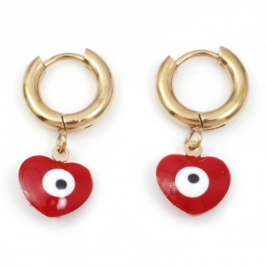 Immagine di 304 Acciaio Inossidabile Religione orecchino cerchio Oro Placcato Bianco & Rosso Cuore Malocchio Smalto 25mm x 13mm, Posta / Filo Dimensione: (18 misura), 1 Paio