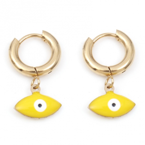 Immagine di 304 Acciaio Inossidabile Religione orecchino cerchio Oro Placcato Bianco & Giallo Olive Malocchio Smalto 25mm x 13mm, Posta / Filo Dimensione: (18 misura), 1 Paio