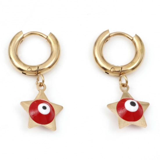 Immagine di 304 Acciaio Inossidabile Religione orecchino cerchio Oro Placcato Bianco & Rosso Stella a Cinque Punte Malocchio Smalto 26mm x 13mm, Posta / Filo Dimensione: (18 misura), 1 Paio