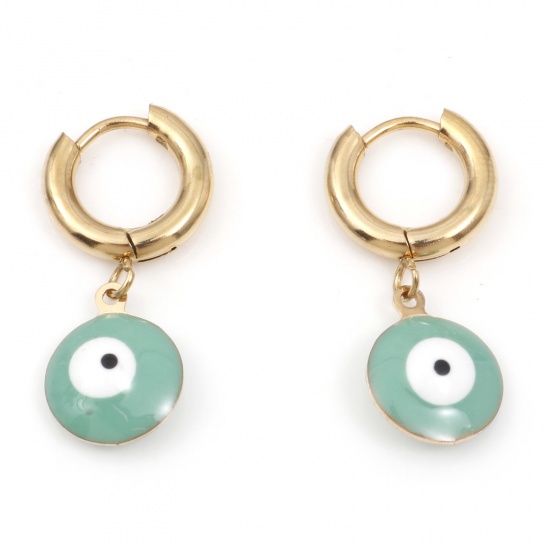 Immagine di 304 Acciaio Inossidabile Religione orecchino cerchio Oro Placcato Bianco & Verde Tondo Malocchio Smalto 26mm x 13mm, Posta / Filo Dimensione: (18 misura), 1 Paio