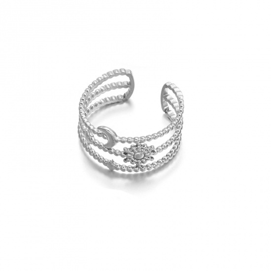 Bild von 304 Edelstahl Retro Offen Verstellbar Ring Silberfarbe Halbmond Sonne 17mm (US Größe 6.5), 1 Stück