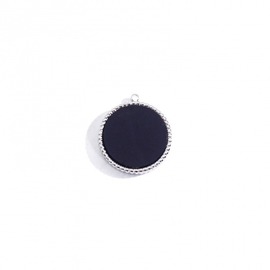 Imagen de 304 Acero Inoxidable & Concha Colgantes Charms Ronda Tono de Plata Negro 15.5mm x 15.5mm, 1 Unidad