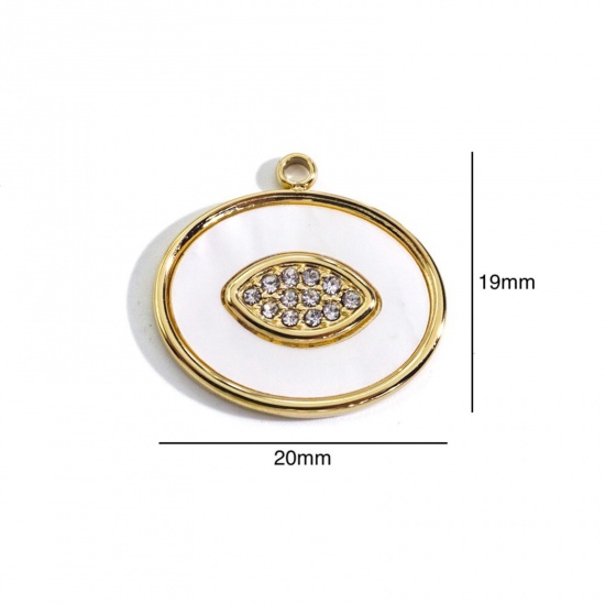 Picture of 304 Stainless Steel & Shell Charms Gold Plated White Oval Eye Clear Rhinestone 20mm x 19mm, 1 Piece