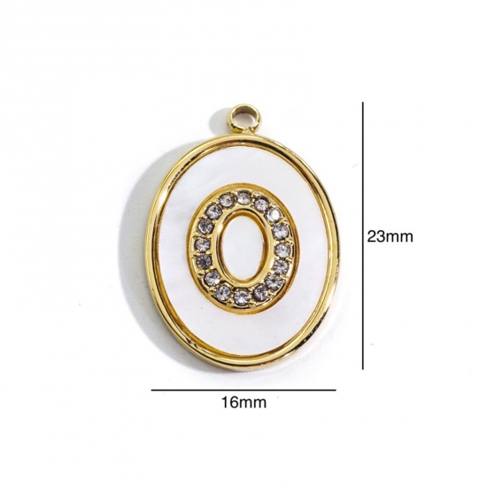 Picture of 304 Stainless Steel & Shell Charms Gold Plated White Oval Clear Rhinestone 23mm x 16mm, 1 Piece