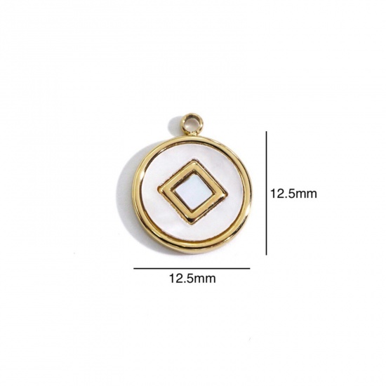 Picture of 304 Stainless Steel & Shell Charms Gold Plated White Round Rhombus 12.5mm x 12.5mm, 1 Piece