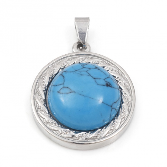 Bild von Charms aus 304 Edelstahl und Türkis, silberfarben, blau, rund, 30 mm x 21,5 mm, 1 Stück