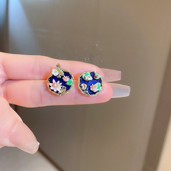 Picture of Copper Retro Ear Post Stud Earrings Gold Plated Multicolor Lotus Flower Enamel 16mm x 16mm, 1 Pair