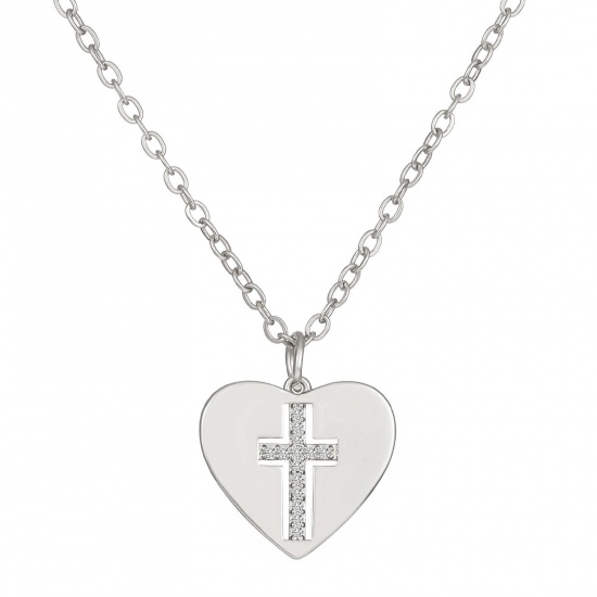 Immagine di Collana con Ciondolo San Valentino en Rame Tono Argento Cuore Croce à Strass Trasparente (Apparié à Perle: 46cm Long, 1 Pz
