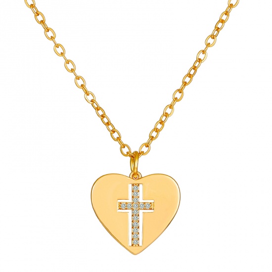 Immagine di Collana con Ciondolo San Valentino en Rame Oro Placcato Cuore Croce à Strass Trasparente (Apparié à Perle: 46cm Long, 1 Pz