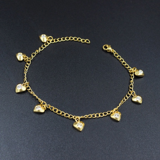 Bild von 304 Edelstahl Valentinstag Panzerkette Kette Fußketten Vergoldet Stern Transparent Strass 22cm lang, 1 Strang