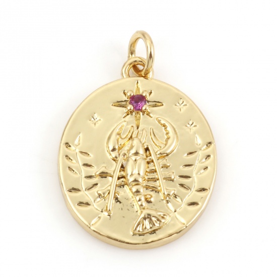 Picture of Copper Ocean Jewelry Charms Gold Plated Oval Shrimp Micro Pave Fuchsia Cubic Zirconia 21mm x 14mm, 1 Piece