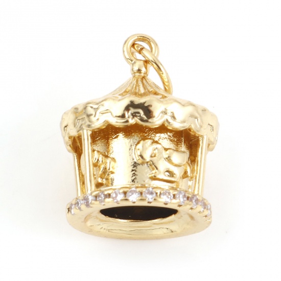 Picture of Copper 3D Charms Gold Plated Merry-go-round/ Carousel Micro Pave Clear Cubic Zirconia 18mm x 11.5mm, 1 Piece