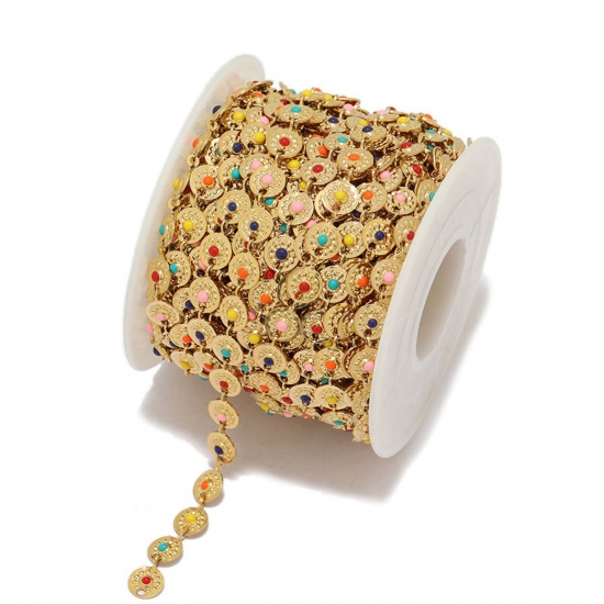 Picture of 304 Stainless Steel Handmade Link Chain Round Gold Plated Multicolor Enamel 7mm, 1 M