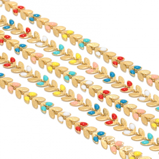 Picture of 304 Stainless Steel Handmade Link Chain Leaf Gold Plated Multicolor Enamel 6mm, 1 M