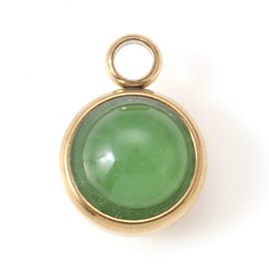 Bild von Charms aus 304 Edelstahl und Jade, vergoldet, Smaragdgrün, rund, 14 mm x 10 mm, 1 Stück