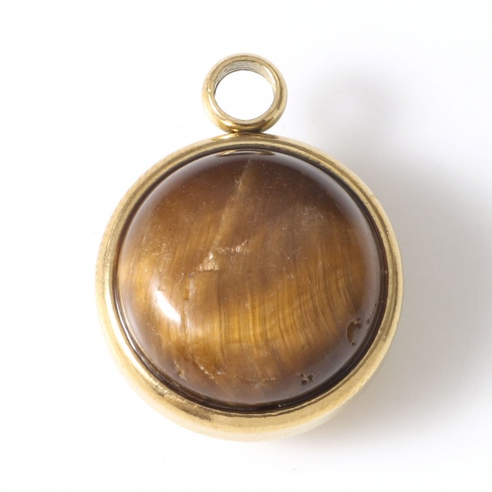 Bild von 304 Edelstahl & Tigeraugen-Charms, vergoldet, braun, rund, 18 mm x 14 mm, 1 Stück