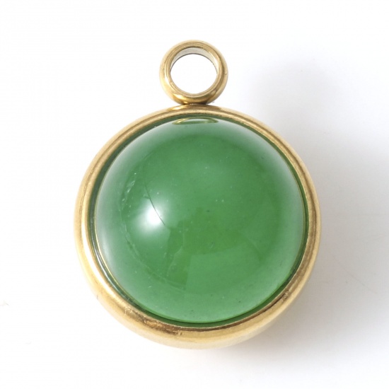 Bild von Charms aus 304 Edelstahl und Jade, vergoldet, Smaragdgrün, rund, 18 mm x 14 mm, 1 Stück