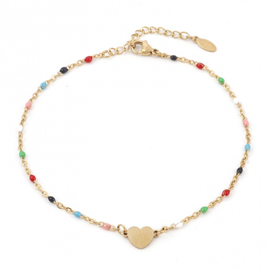 Immagine di 304 Acciaio Inossidabile Semplice Cavo Catena Cavigliere Oro Placcato Multicolore Smalto Cuore 23.5cm lunghezza, 1 Pz