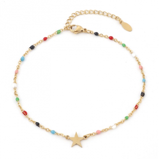 Immagine di 304 Acciaio Inossidabile Semplice Cavo Catena Cavigliere Oro Placcato Multicolore Smalto Stella a Cinque Punte 23.5cm lunghezza, 1 Pz
