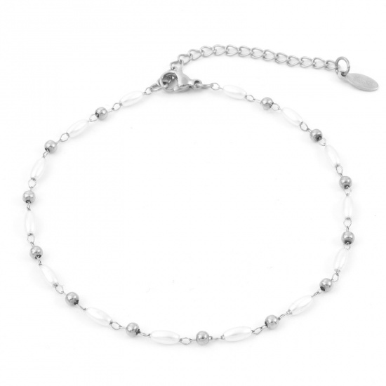 Bild von 304 Edelstahl Einfach Handgefertigte Gliederkette Fußketten Silberfarbe Weiß Imitat Perle 22.5cm lang, 1 Strang