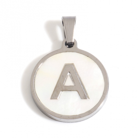 Picture of 304 Stainless Steel & Shell Charms Silver Tone White Round Initial Alphabet/ Capital Letter Message " A " 24mm x 16mm, 1 Piece
