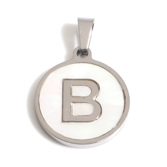Picture of 304 Stainless Steel & Shell Charms Silver Tone White Round Initial Alphabet/ Capital Letter Message " B " 24mm x 16mm, 1 Piece