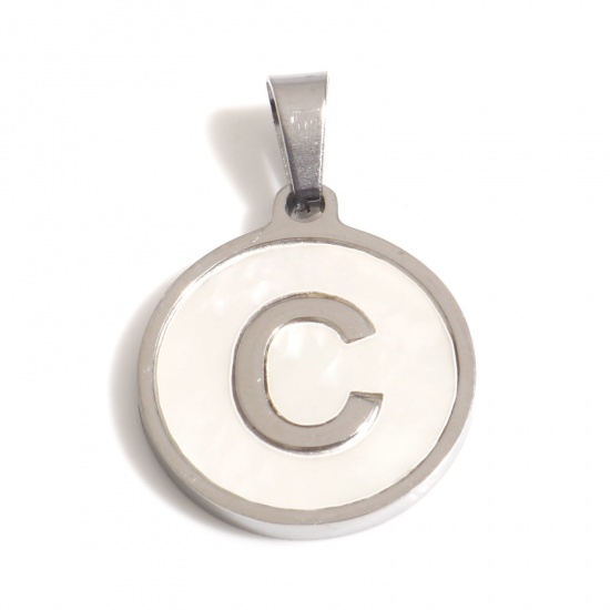 Picture of 304 Stainless Steel & Shell Charms Silver Tone White Round Initial Alphabet/ Capital Letter Message " C " 24mm x 16mm, 1 Piece