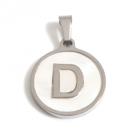 Picture of 304 Stainless Steel & Shell Charms Silver Tone White Round Initial Alphabet/ Capital Letter Message " D " 24mm x 16mm, 1 Piece