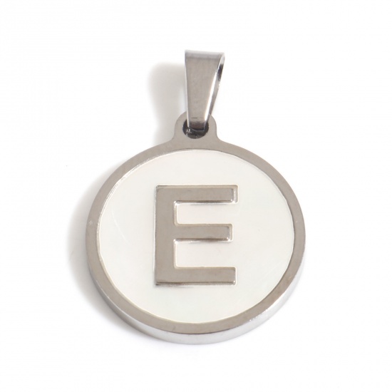 Picture of 304 Stainless Steel & Shell Charms Silver Tone White Round Initial Alphabet/ Capital Letter Message " E " 24mm x 16mm, 1 Piece