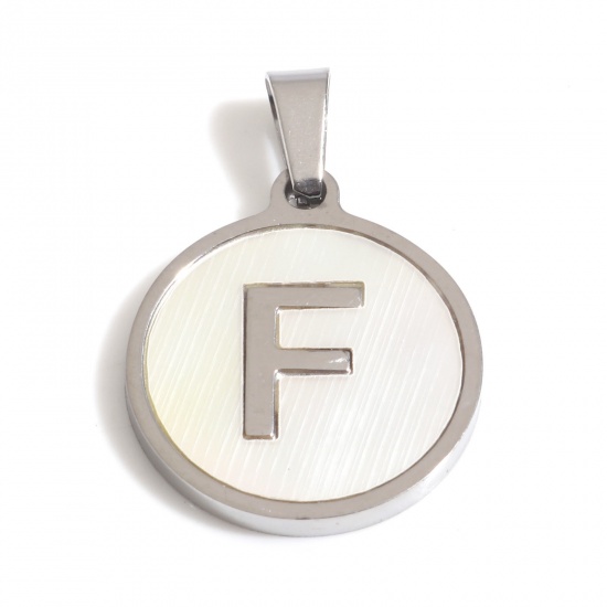 Picture of 304 Stainless Steel & Shell Charms Silver Tone White Round Initial Alphabet/ Capital Letter Message " F " 24mm x 16mm, 1 Piece