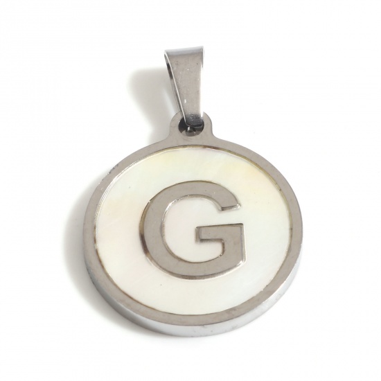 Picture of 304 Stainless Steel & Shell Charms Silver Tone White Round Initial Alphabet/ Capital Letter Message " G " 24mm x 16mm, 1 Piece