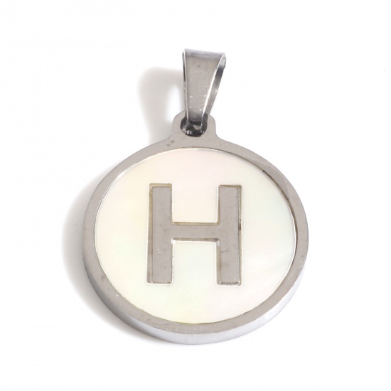 Picture of 304 Stainless Steel & Shell Charms Silver Tone White Round Initial Alphabet/ Capital Letter Message " H " 24mm x 16mm, 1 Piece
