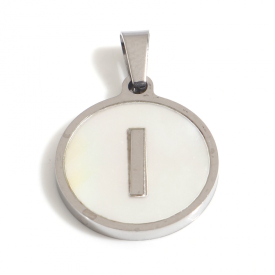 Picture of 304 Stainless Steel & Shell Charms Silver Tone White Round Initial Alphabet/ Capital Letter Message " U " 24mm x 16mm, 1 Piece