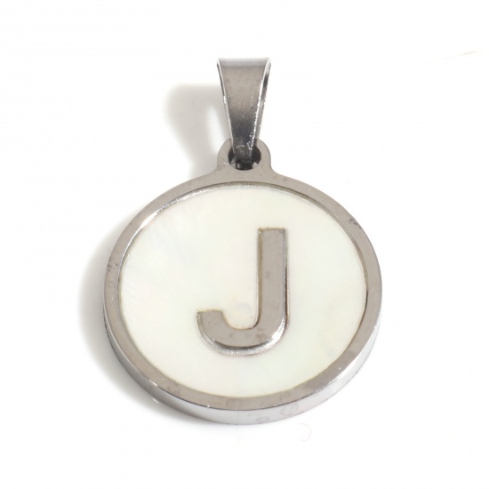 Picture of 304 Stainless Steel & Shell Charms Silver Tone White Round Initial Alphabet/ Capital Letter Message " J " 24mm x 16mm, 1 Piece