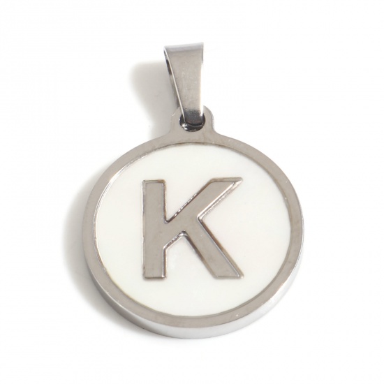 Picture of 304 Stainless Steel & Shell Charms Silver Tone White Round Initial Alphabet/ Capital Letter Message " K " 24mm x 16mm, 1 Piece