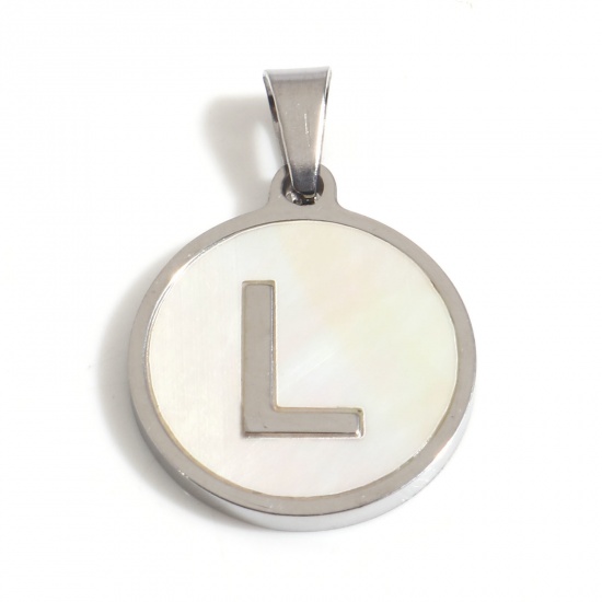 Picture of 304 Stainless Steel & Shell Charms Silver Tone White Round Initial Alphabet/ Capital Letter Message " L " 24mm x 16mm, 1 Piece