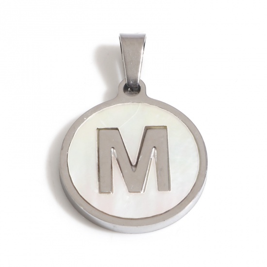 Picture of 304 Stainless Steel & Shell Charms Silver Tone White Round Initial Alphabet/ Capital Letter Message " M " 24mm x 16mm, 1 Piece