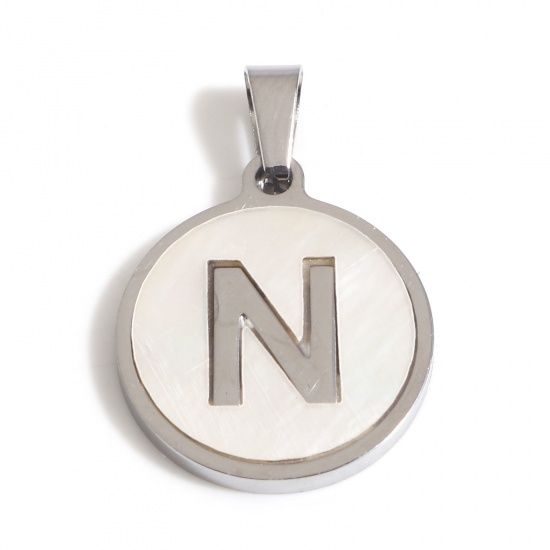 Picture of 304 Stainless Steel & Shell Charms Silver Tone White Round Initial Alphabet/ Capital Letter Message " N " 24mm x 16mm, 1 Piece