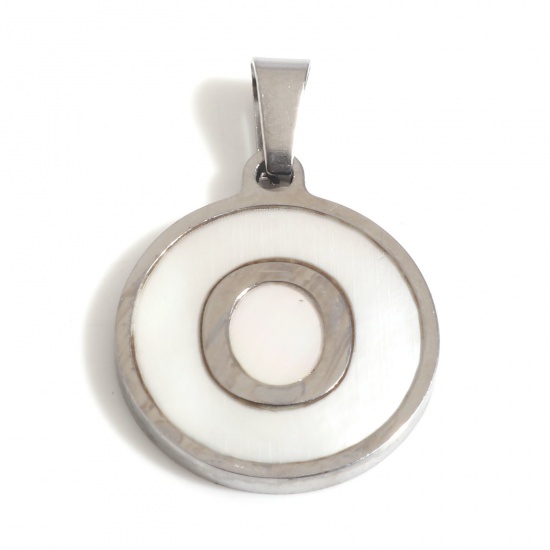 Picture of 304 Stainless Steel & Shell Charms Silver Tone White Round Initial Alphabet/ Capital Letter Message " O " 24mm x 16mm, 1 Piece