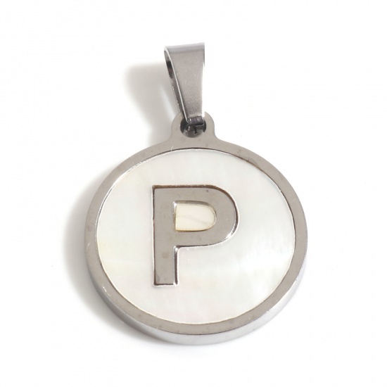 Picture of 304 Stainless Steel & Shell Charms Silver Tone White Round Initial Alphabet/ Capital Letter Message " P " 24mm x 16mm, 1 Piece