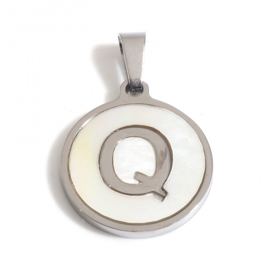Picture of 304 Stainless Steel & Shell Charms Silver Tone White Round Initial Alphabet/ Capital Letter Message " Q " 24mm x 16mm, 1 Piece