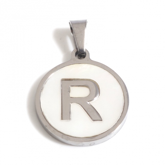 Picture of 304 Stainless Steel & Shell Charms Silver Tone White Round Initial Alphabet/ Capital Letter Message " R " 24mm x 16mm, 1 Piece
