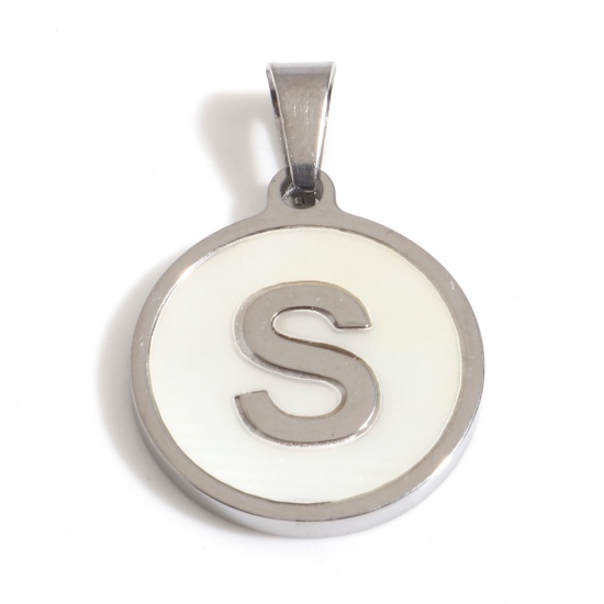 Picture of 304 Stainless Steel & Shell Charms Silver Tone White Round Initial Alphabet/ Capital Letter Message " S " 24mm x 16mm, 1 Piece