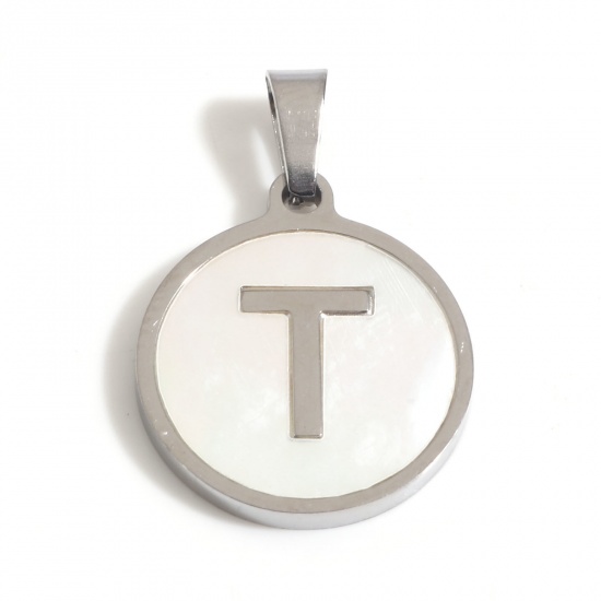 Picture of 304 Stainless Steel & Shell Charms Silver Tone White Round Initial Alphabet/ Capital Letter Message " T " 24mm x 16mm, 1 Piece