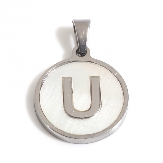 Picture of 304 Stainless Steel & Shell Charms Silver Tone White Round Initial Alphabet/ Capital Letter Message " U " 24mm x 16mm, 1 Piece